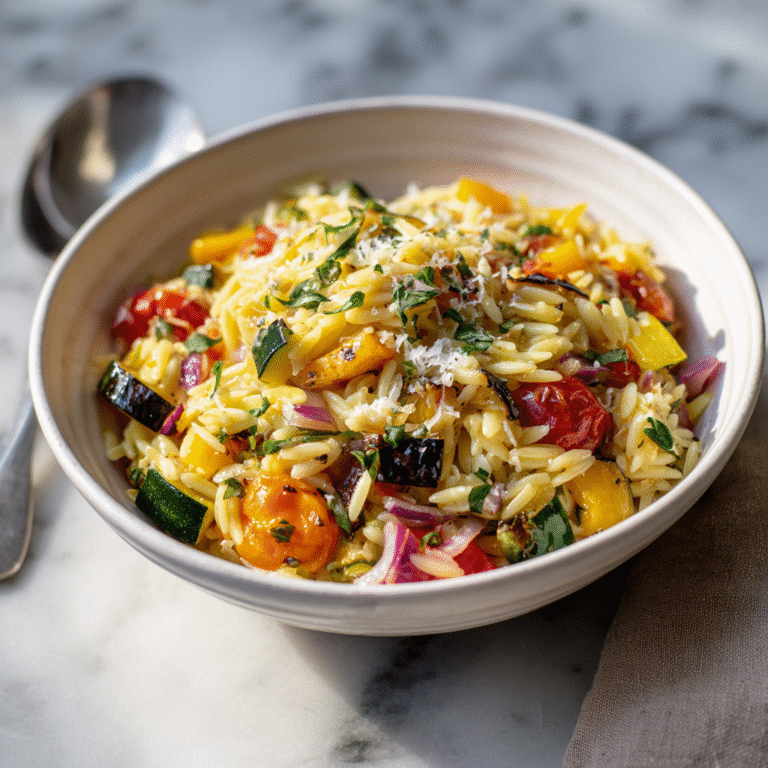 Roasted vegetable orzo pasta with colorful oven-roasted vegetables, herbs, and olive oil served as a healthy and flavorful dish.