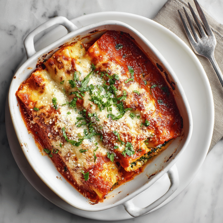 Baked spinach beef cannelloni covered in creamy white sauce and melted golden cheese in a baking dish creating a hearty Italian comfort food presentation with stuffed pasta tubes
