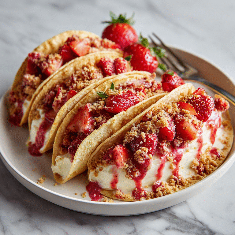 Strawberry crunch cheesecake tacos with crispy shells, creamy cheesecake filling, and strawberry crumble topping served as a fun dessert.