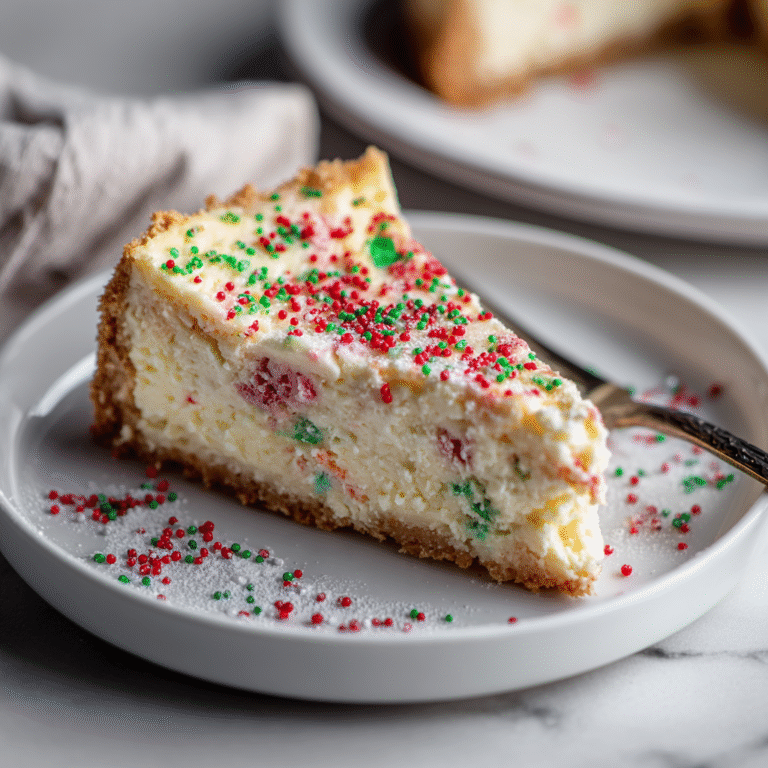 Sugar cookie cheesecake on a serving plate with creamy white cheesecake filling on a thick sugar cookie crust, decorated with colorful sprinkles and frosting creating a festive presentation