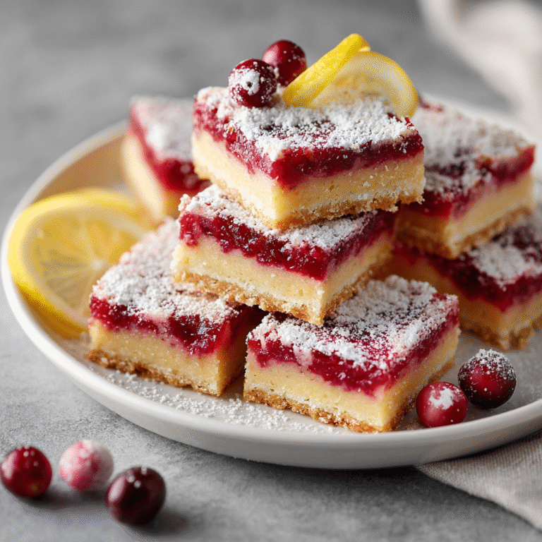 Cranberry lemon bars on a plate dusted with powdered sugar, featuring buttery shortbread crust with bright yellow lemon filling studded with red cranberries creating a festive presentation