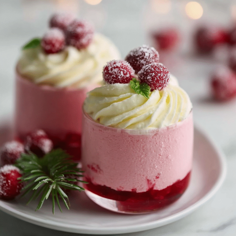 Christmas cranberry mousse cups served in small glasses with a creamy pink mousse, styled as an elegant holiday dessert.