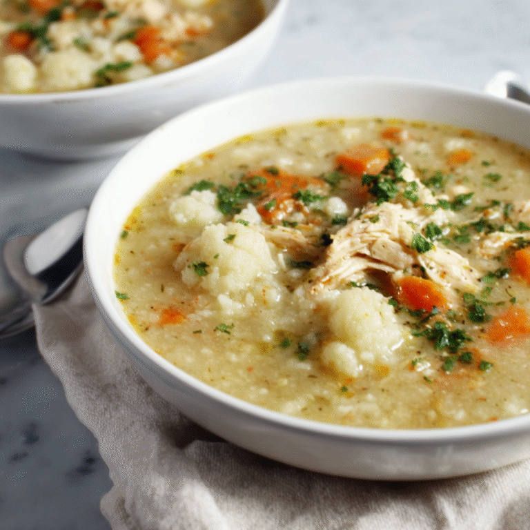 Creamy cauliflower chicken soup in a bowl with tender chicken pieces and cauliflower florets creating a comforting and healthy low-carb meal presentation perfect for cozy dinners