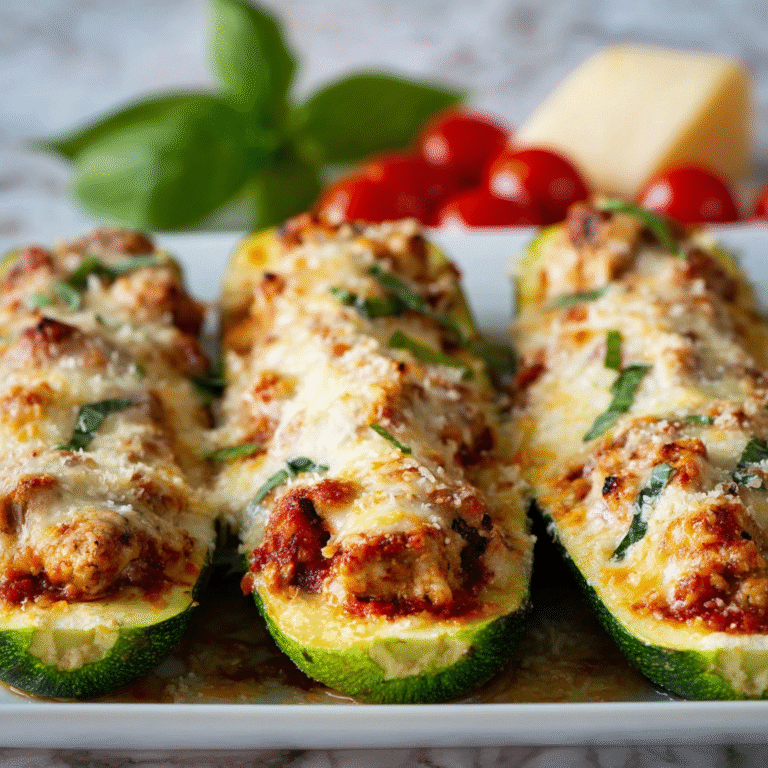 Chicken Parmesan zucchini boats filled with chicken, marinara sauce, and melted cheese, baked until golden and bubbly.