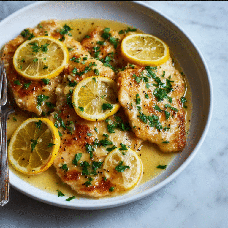 Golden pan-fried chicken francese in a bright lemon butter sauce with fresh parsley creating an elegant Italian restaurant-style dinner presentation ready in just 30 minutes