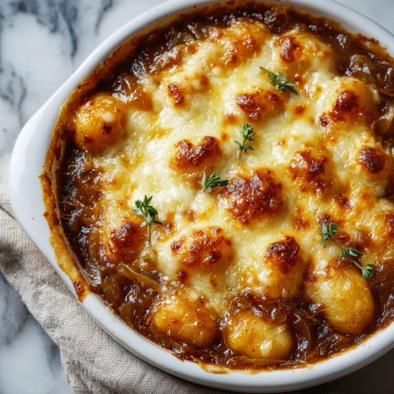 Baked French onion gnocchi with caramelized onions and melted golden cheese in a baking dish creating a comforting and indulgent pasta presentation inspired by French onion soup