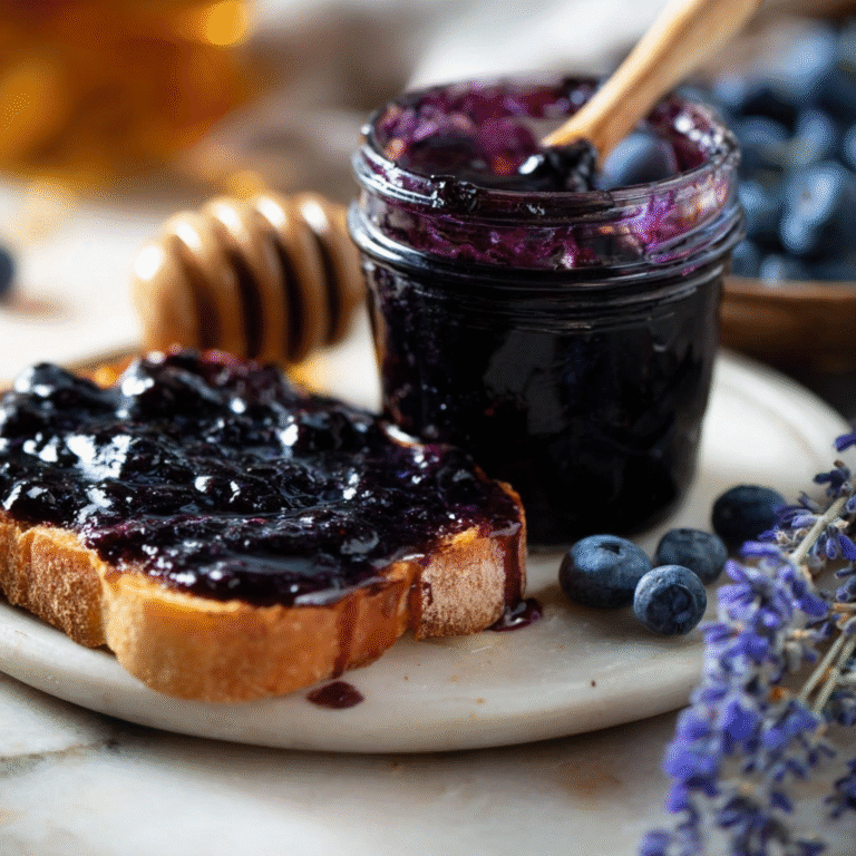 Blueberry and lavender jam in a glass jar with visible blueberries, styled as an elegant homemade preserve.