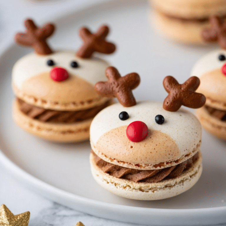 Reindeer-shaped macarons decorated with antlers and faces, styled as a festive and playful Christmas dessert.