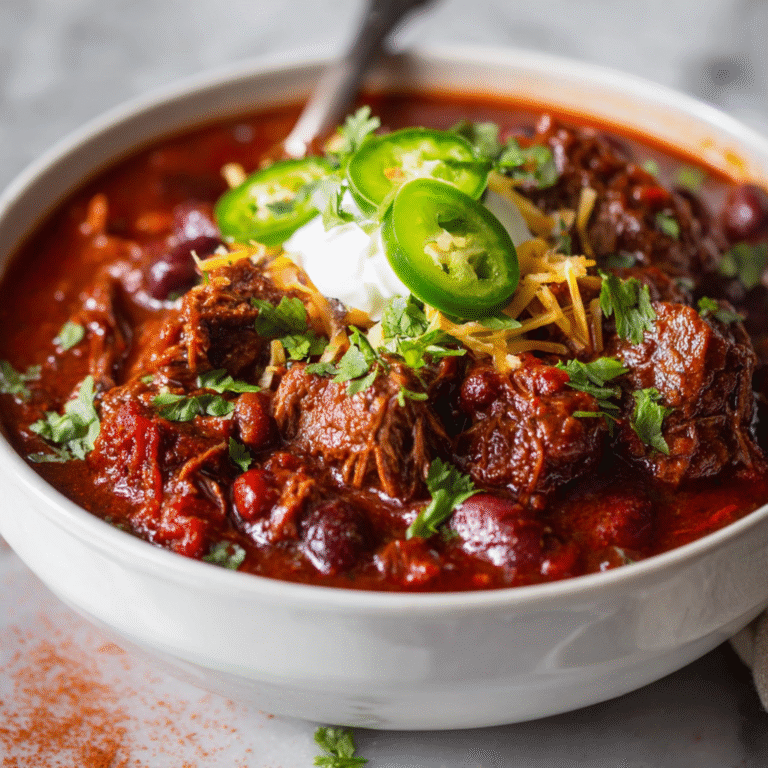 Slow cooker steak chili with tender beef chunks simmered in a rich, spiced tomato base, served hot in a bowl.