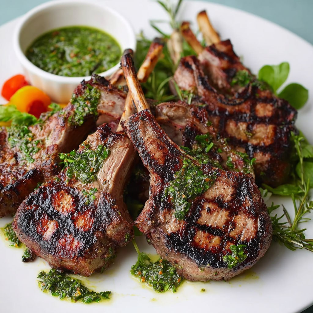 Close-up of pink medium-rare lamb chops drizzled with fresh herb sauce, lemon wedges, and rosemary