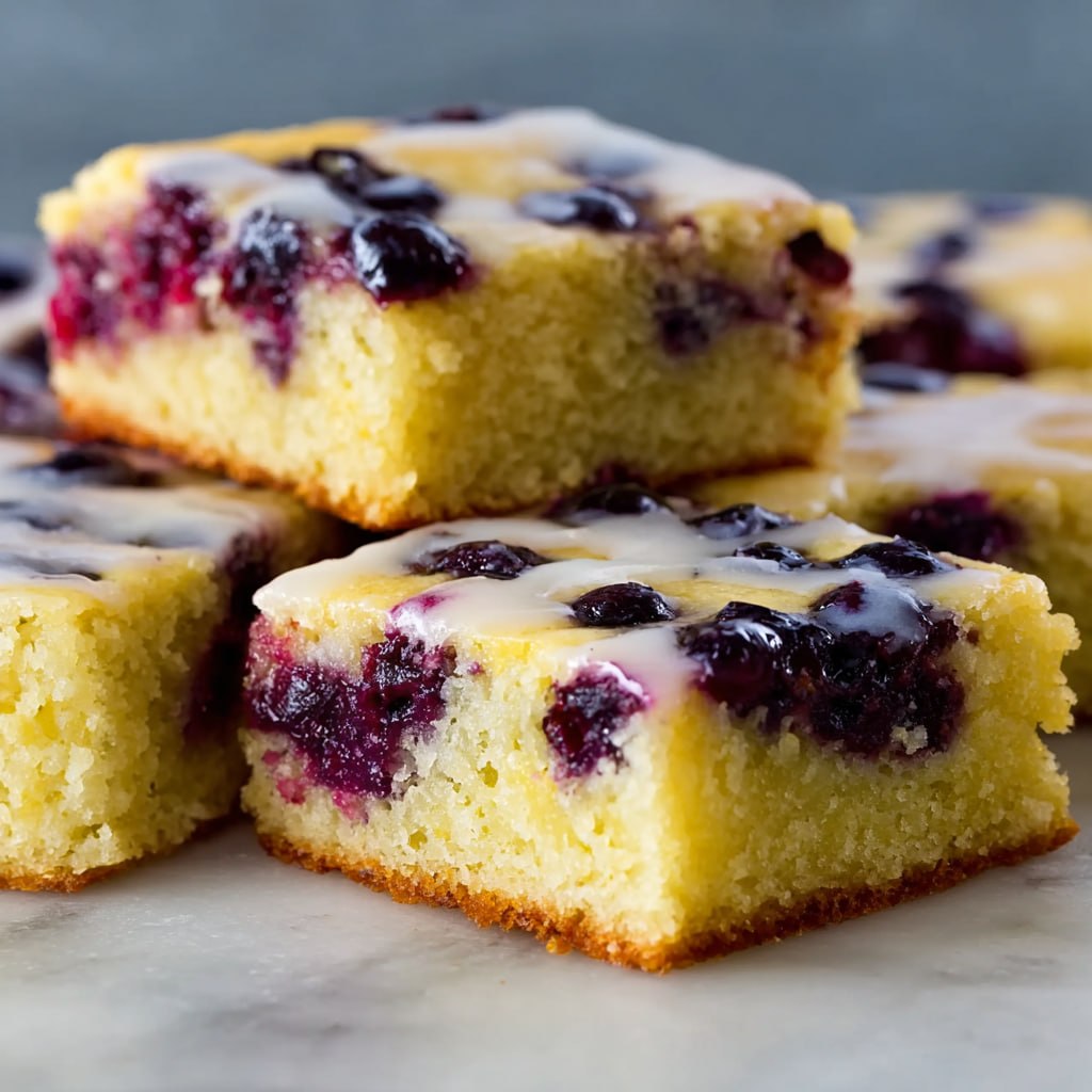 Close-up of a lemon blueberry bar showing buttery shortbread crust, lemon curd, blueberries, and glossy lemon glaze