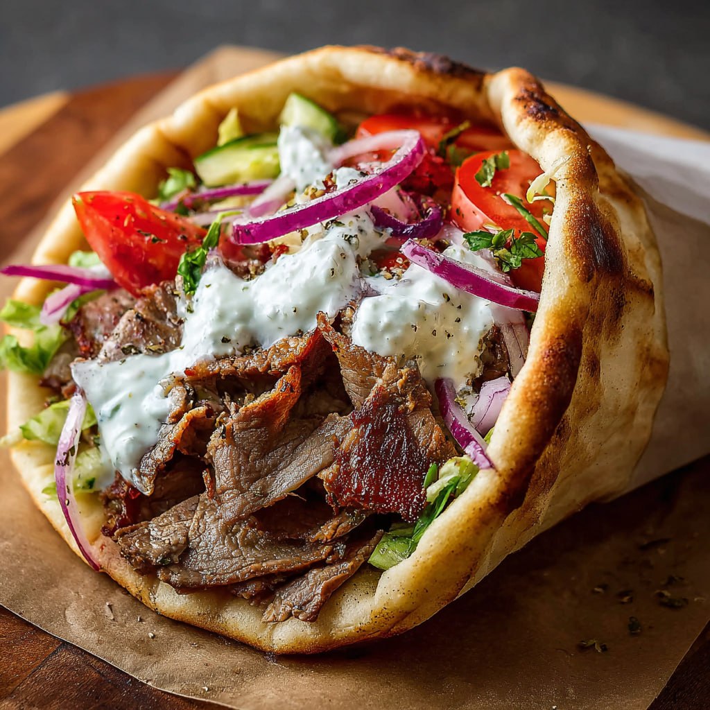 Open gyro wrap showing seasoned grilled meat, fresh vegetables, creamy tzatziki, and warm pita