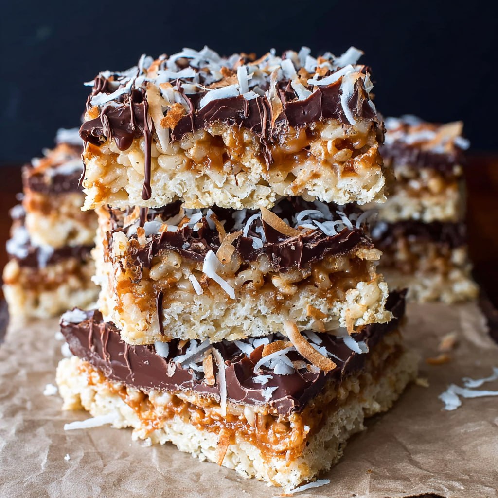 Close-up of a samoa rice krispie treat showing crispy base, gooey caramel, toasted coconut, and chocolate stripes