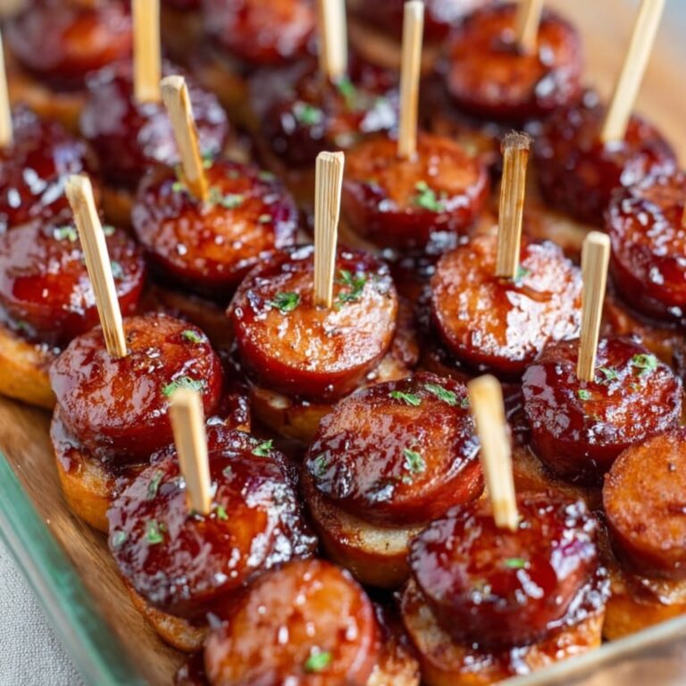 BBQ sausage bites sticky glazed on a platter with toothpicks party appetizer