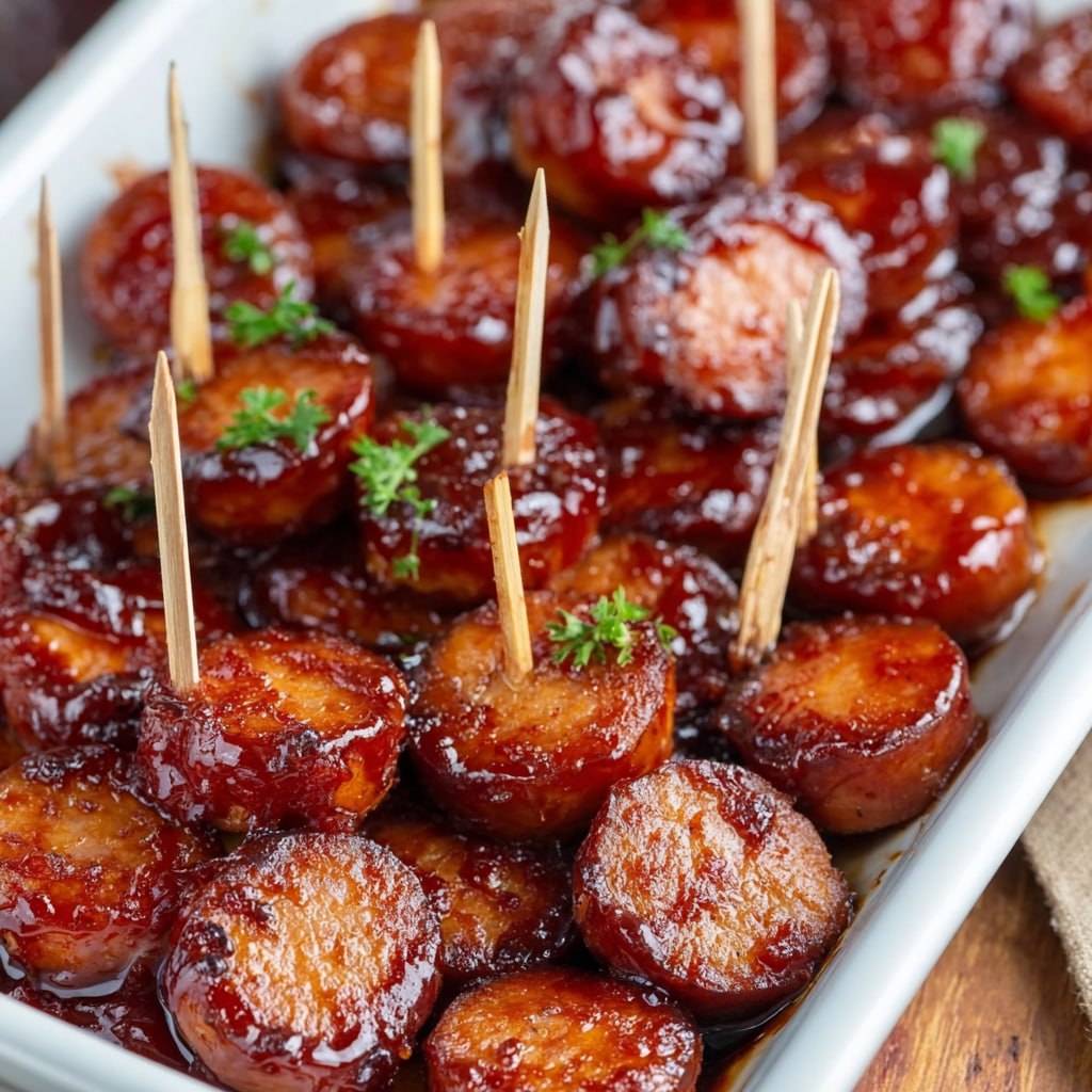 Close-up of sticky BBQ sausage bites with caramelized glaze on toothpicks ready to serve