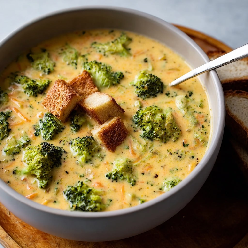 Finished homemade broccoli cheddar soup garnished with cheddar and black pepper