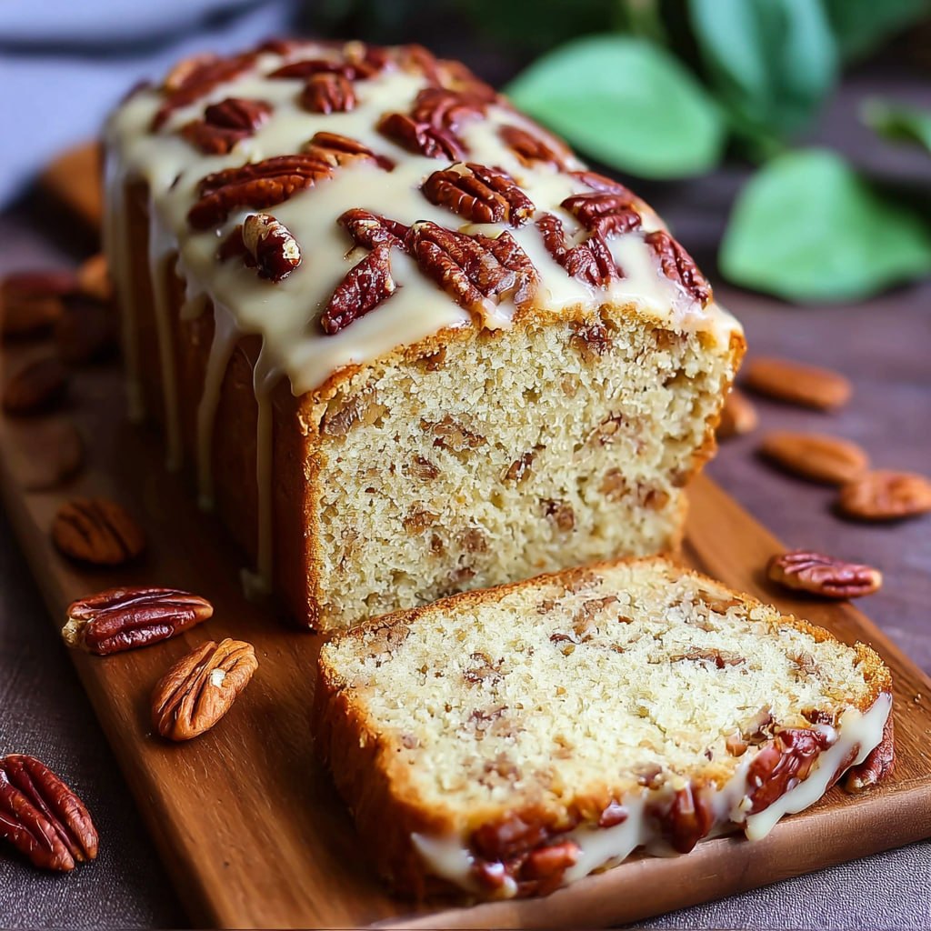 Finished butter pecan cake loaf with brown butter glaze and pecan garnish