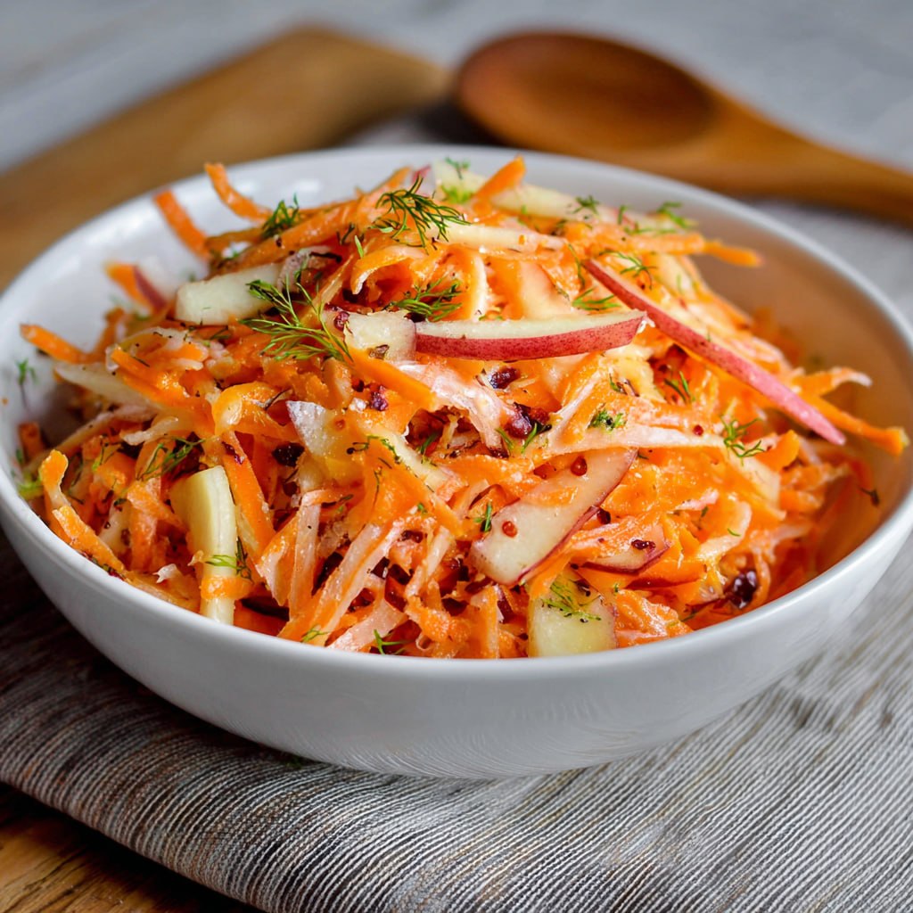 Finished carrot apple salad in a large serving bowl dressed and garnished, ready to serve at the table