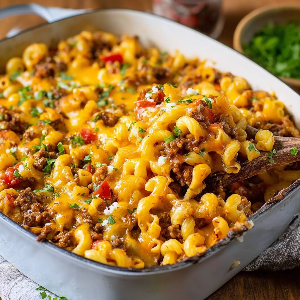 Golden cheesy cheeseburger casserole fresh from the oven ready to serve