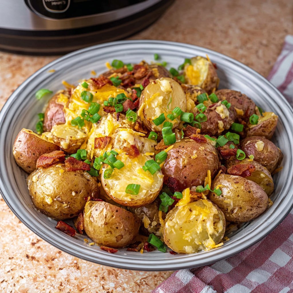 Cheesy ranch potatoes on baking sheet with melted cheddar bacon green onions ready to serve