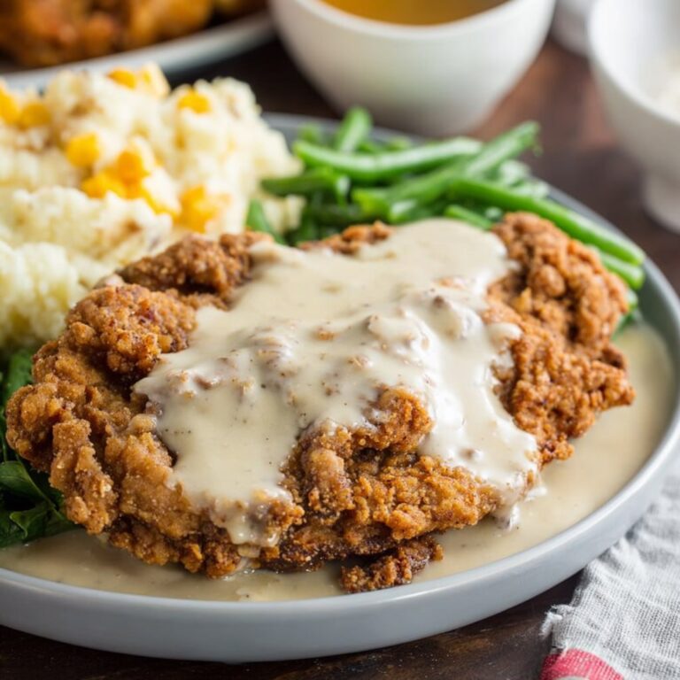 Chicken fried steak with creamy white peppery gravy Southern style comfort food