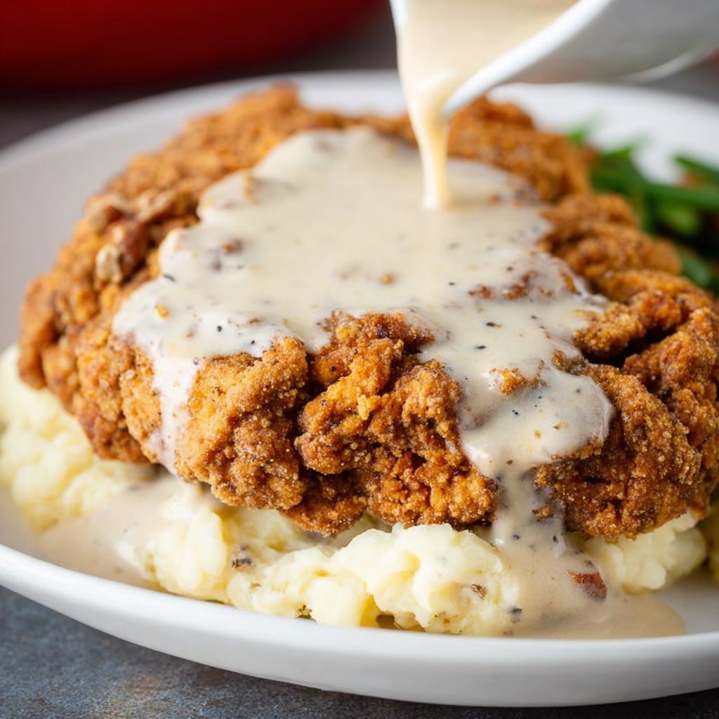 Chicken fried steak cut open showing juicy tender inside drowned in white pepper gravy