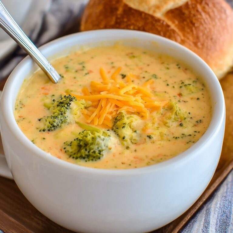 Broccoli cheddar soup served in a white bowl