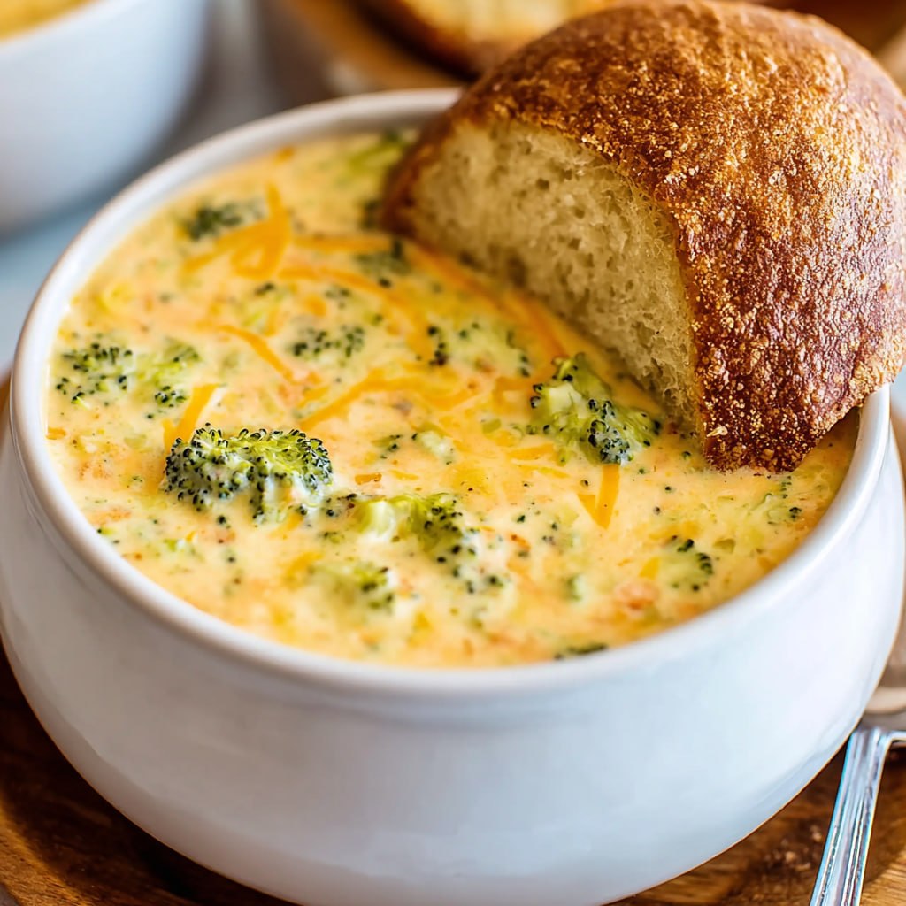Close up of creamy broccoli cheddar soup with shredded cheese