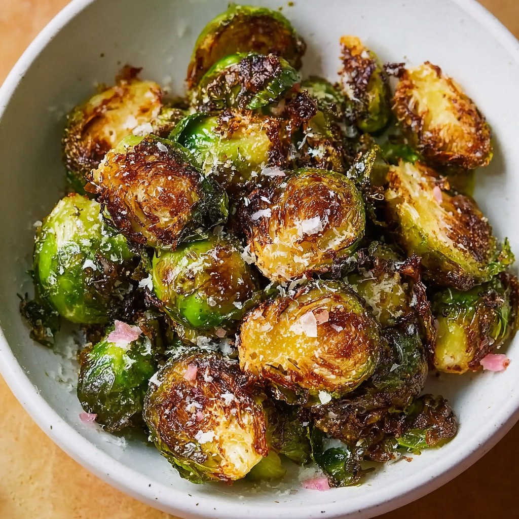 Golden caramelized Brussels sprouts fresh from the air fryer