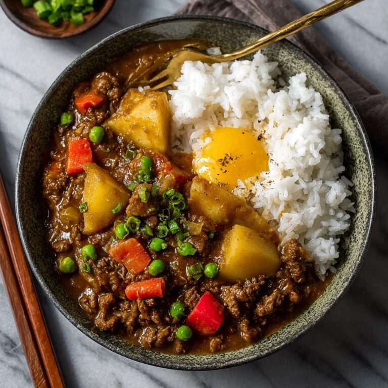 Japanese beef curry served over white rice in a bowl