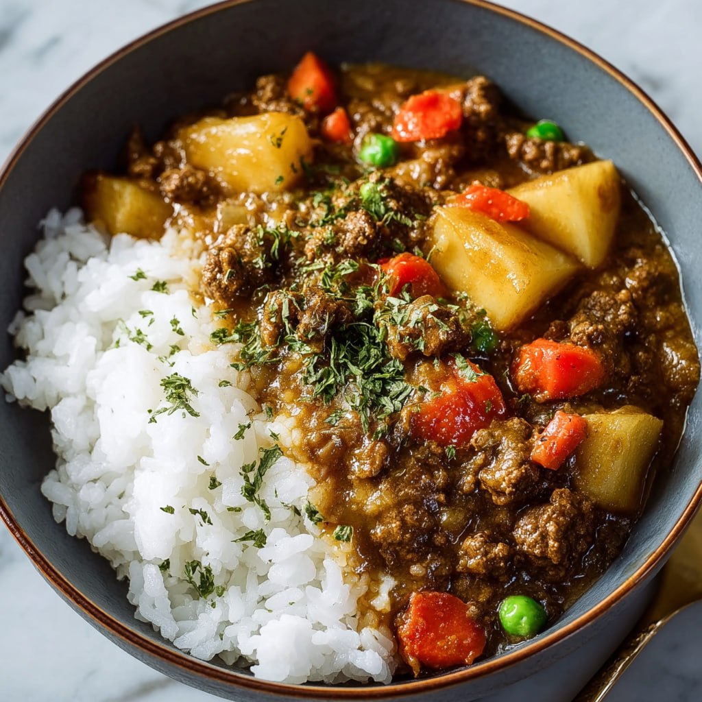 Thick glossy Japanese curry sauce with tender beef and vegetables