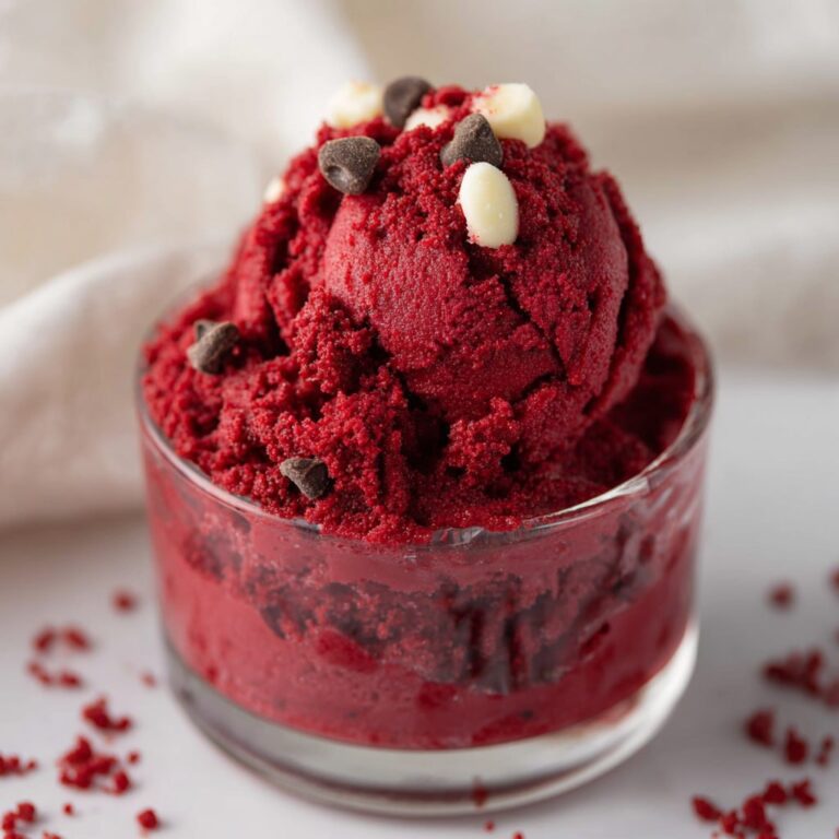 Edible red velvet cookie dough in a bowl with chocolate chips safe to eat no raw eggs