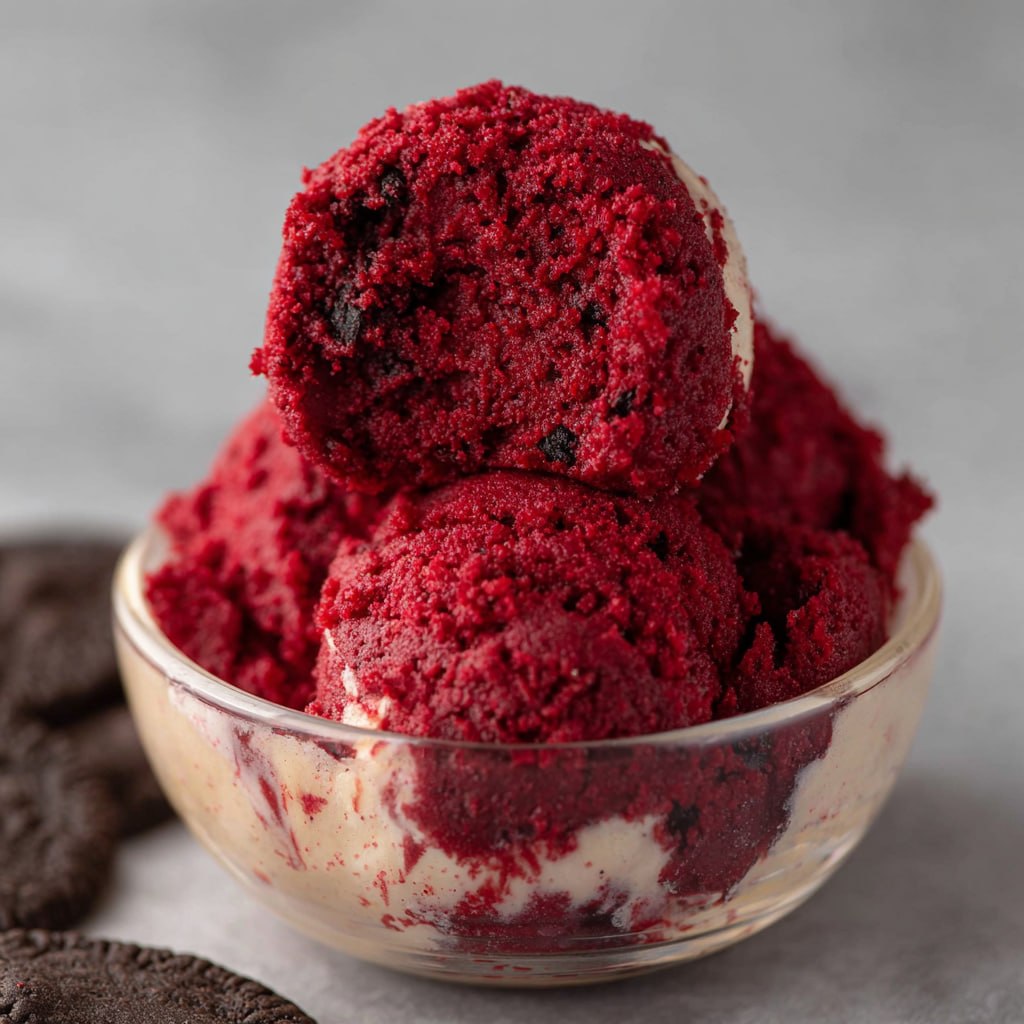 Edible red velvet cookie dough scooped into small cups ready to serve with mini chocolate chips on top