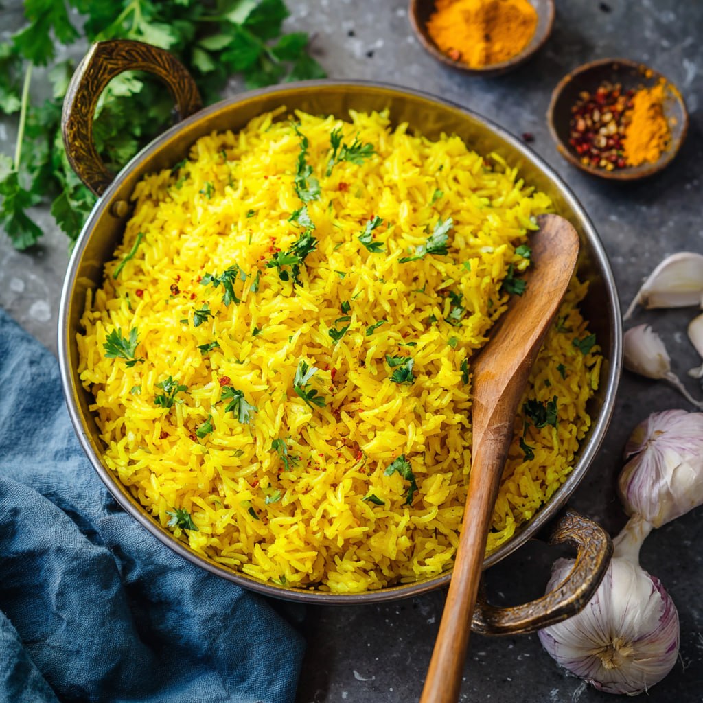 Step by step garlic turmeric rice recipe with fresh herbs and broth