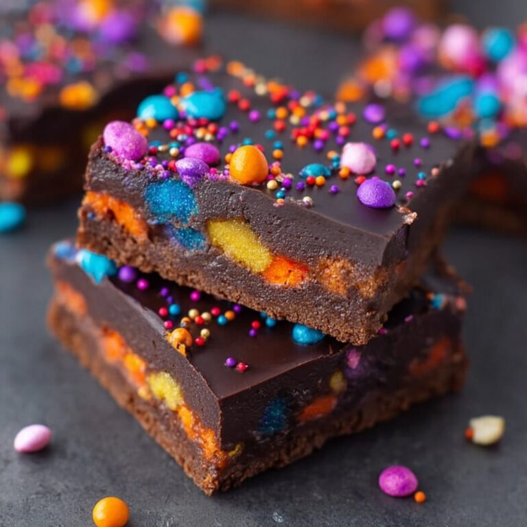 Fudgy cosmic brownies cut into squares with rainbow candy topping