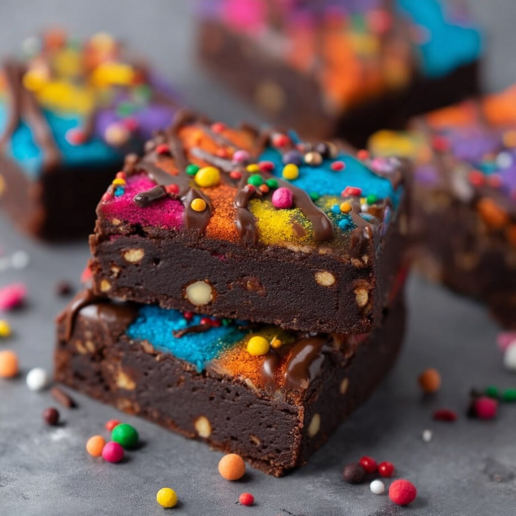 Close up of cosmic brownie showing silky ganache and fudgy interior