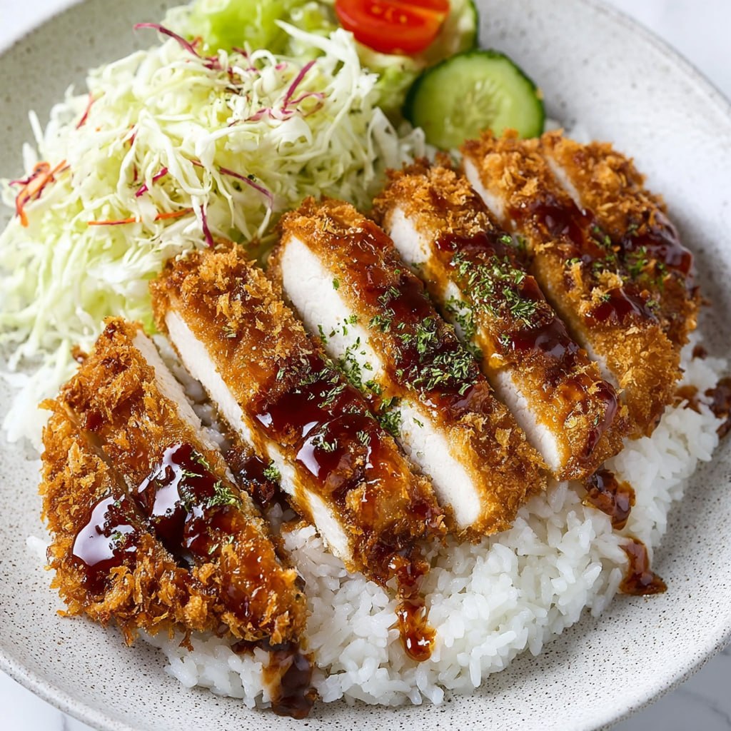 Perfectly sliced chicken katsu over steamed rice in a bowl with tonkatsu sauce drizzled on top