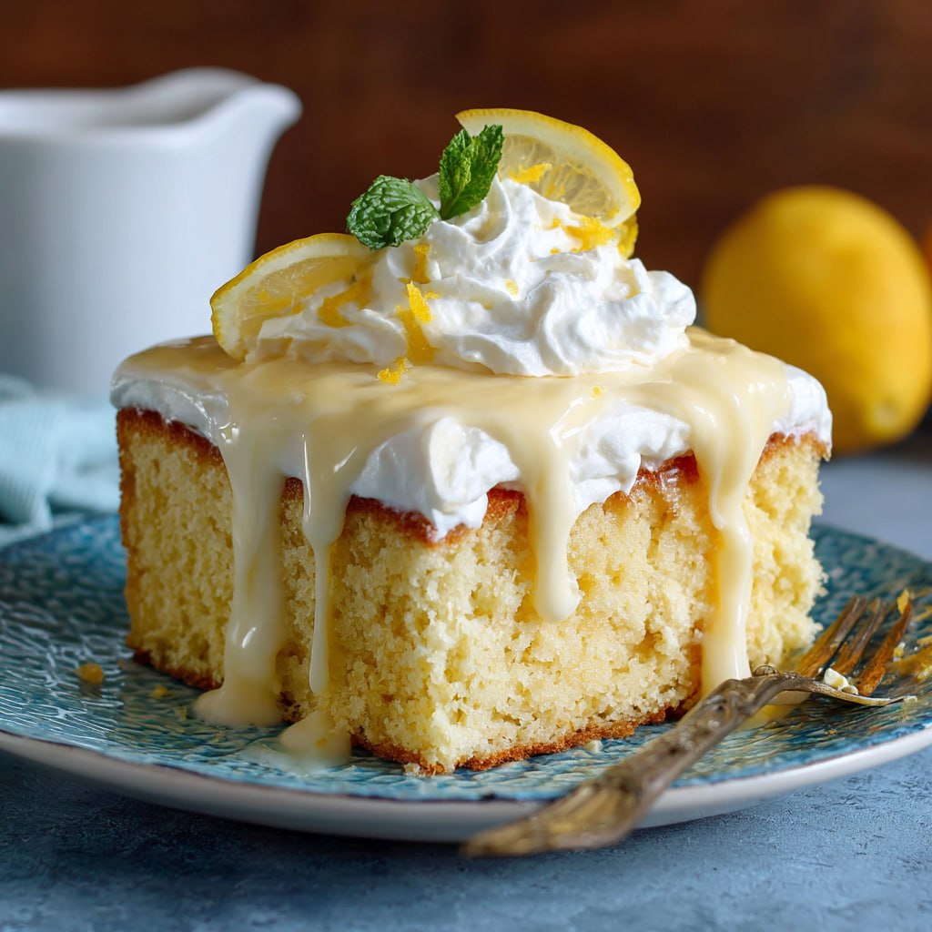 Finished lemon tres leches cake garnished with whipped cream rosettes and fresh lemon slices ready to serve