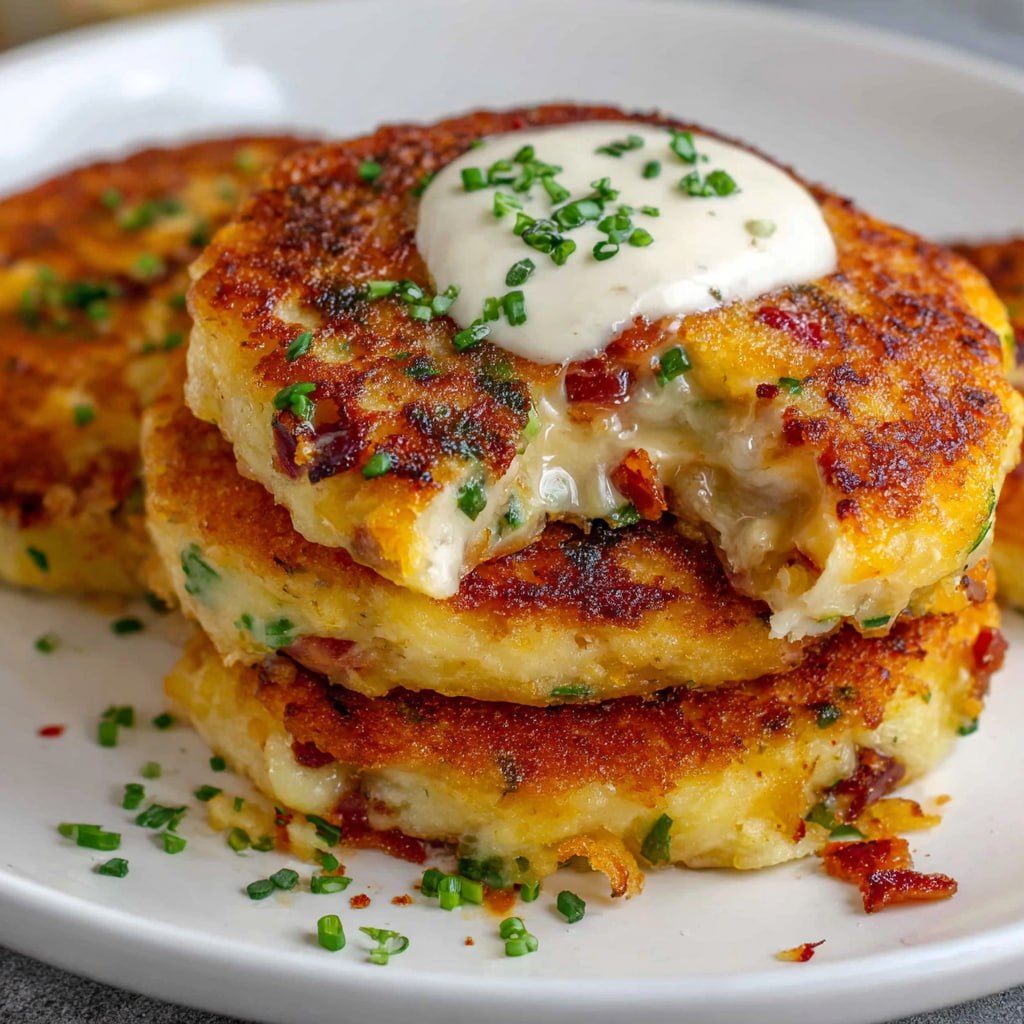 Stack of loaded mashed potato cakes with sour cream melting over them crispy edges visible