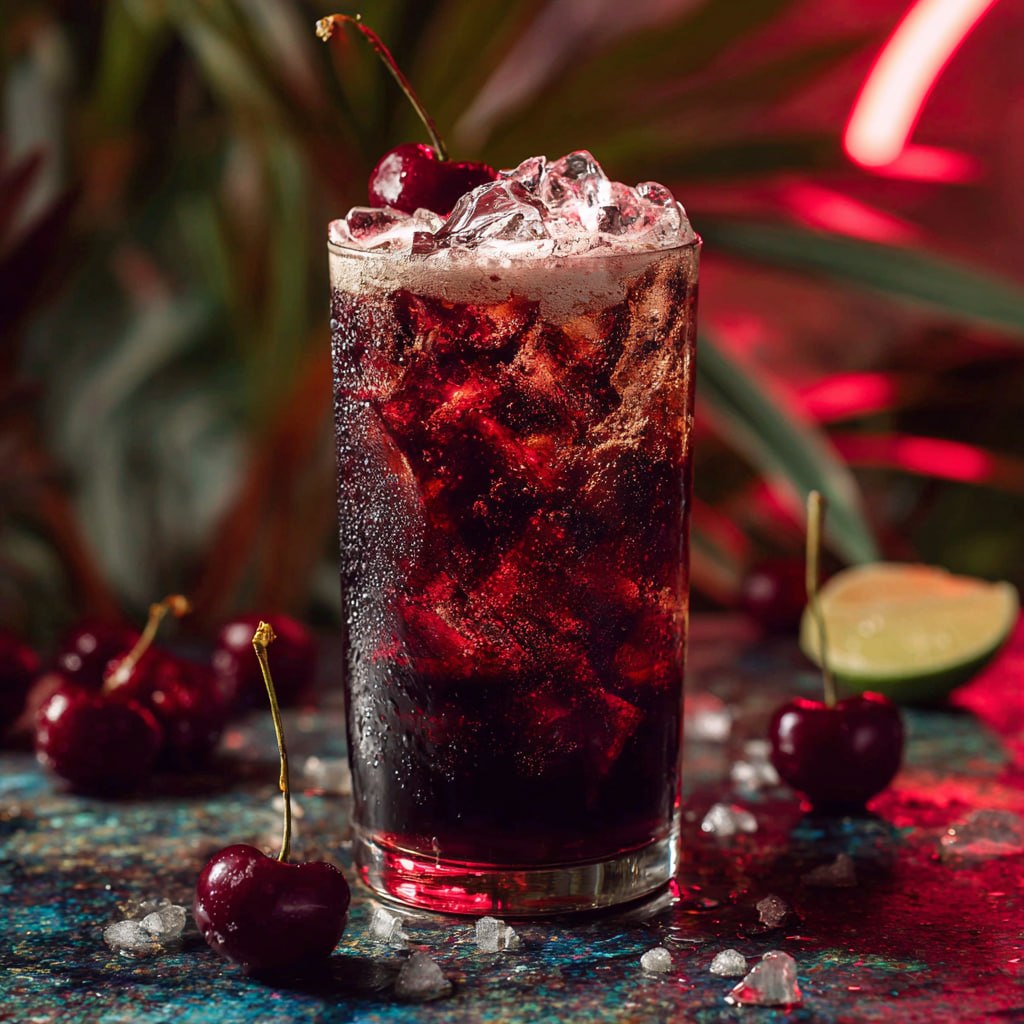 Step by step Malibu dirty soda with dark cherry, grenadine and crushed ice