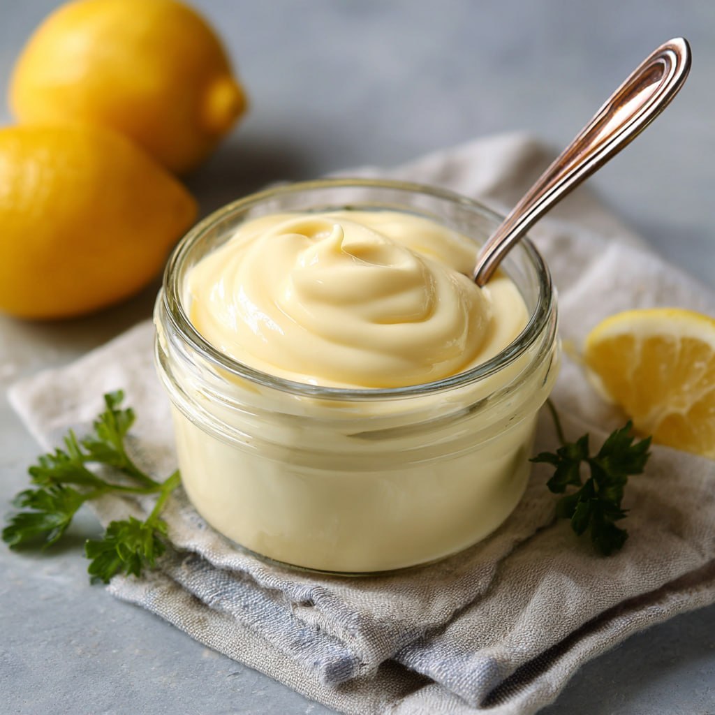 Final homemade mayonnaise in a mason jar ready to use, surrounded by sandwiches and dipping snacks