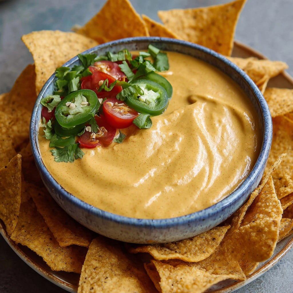 Finished nacho cashew cheese sauce tutorial result showing silky golden texture ready to serve with tortilla chips