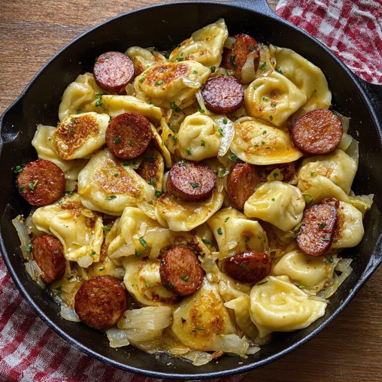 Pierogies and kielbasa skillet with caramelized onions