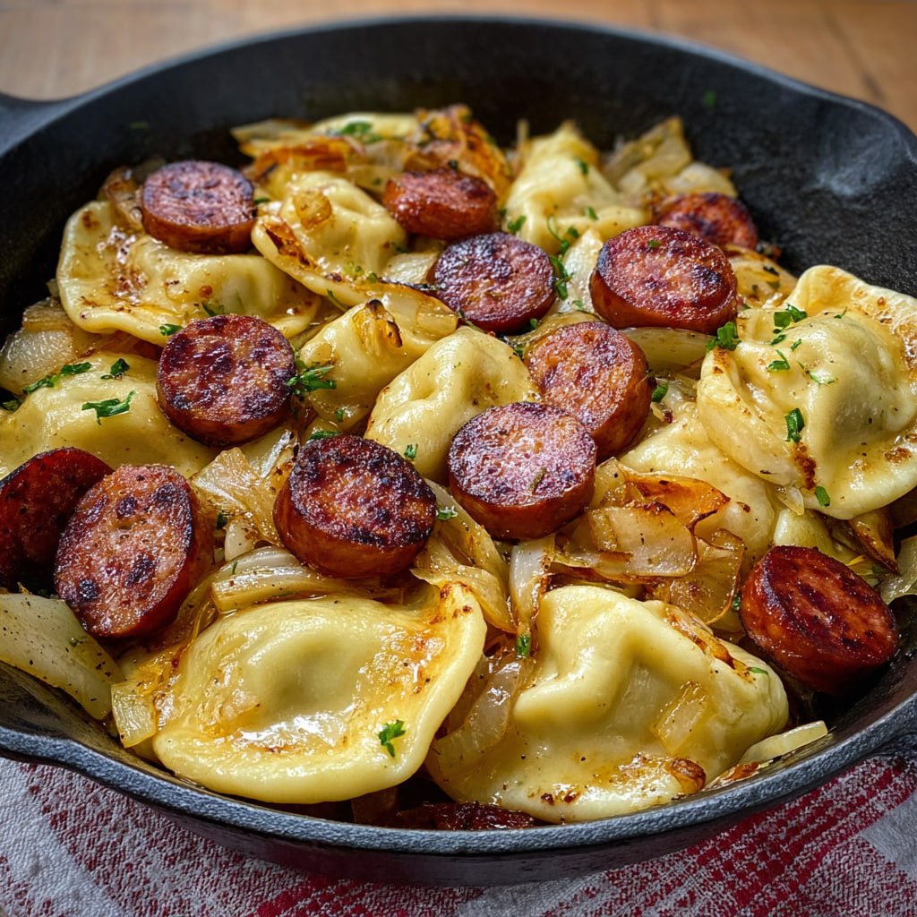 Golden crispy pierogies and sliced kielbasa close up