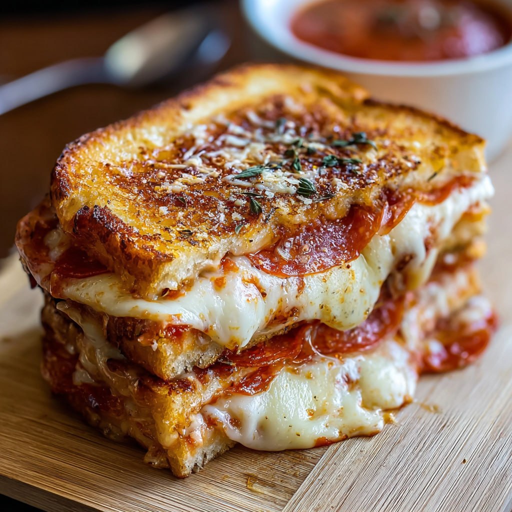 Pizza grilled cheese sandwich ready to serve with marinara dipping sauce