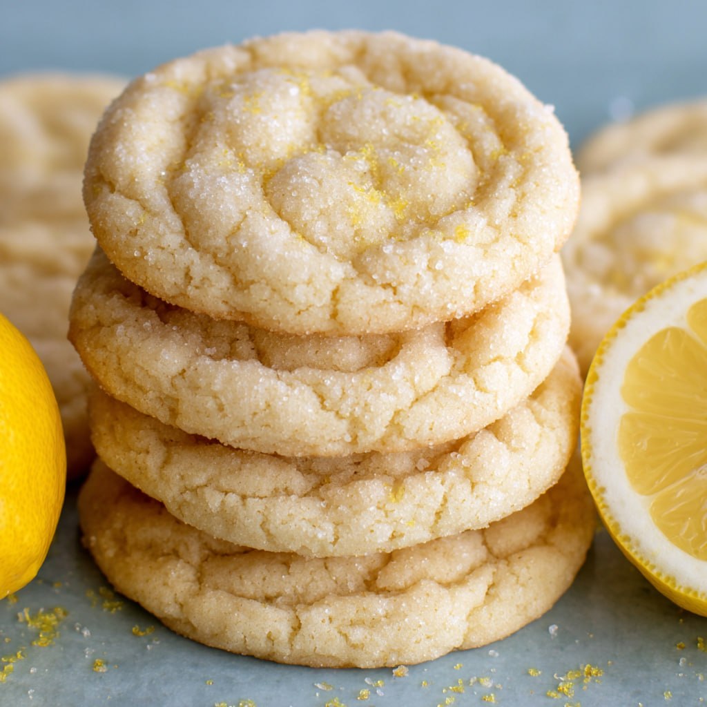 Finished soft and chewy lemon sugar cookies on a cooling rack