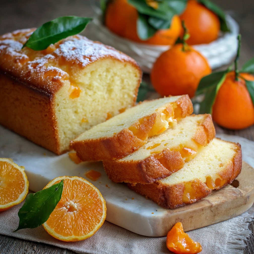 Finished mandarin orange pound cake with citrus glaze drizzled over the top
