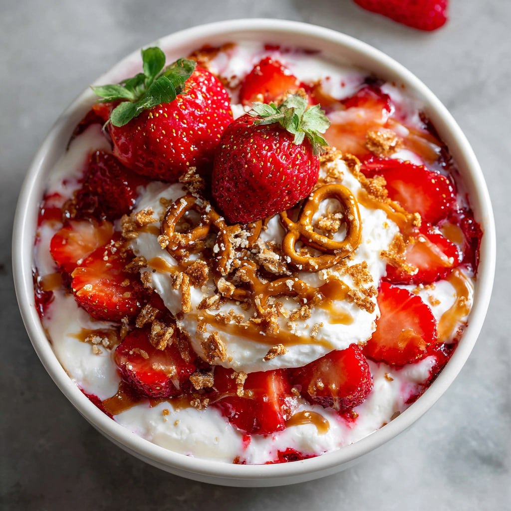 Finished high-protein strawberry pretzel salad bowl topped with caramelized pretzel clusters
