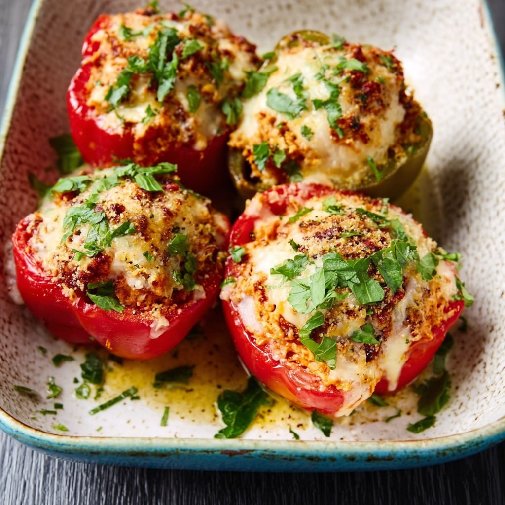 Finished chicken parmesan stuffed peppers with golden bubbly cheese out of the oven