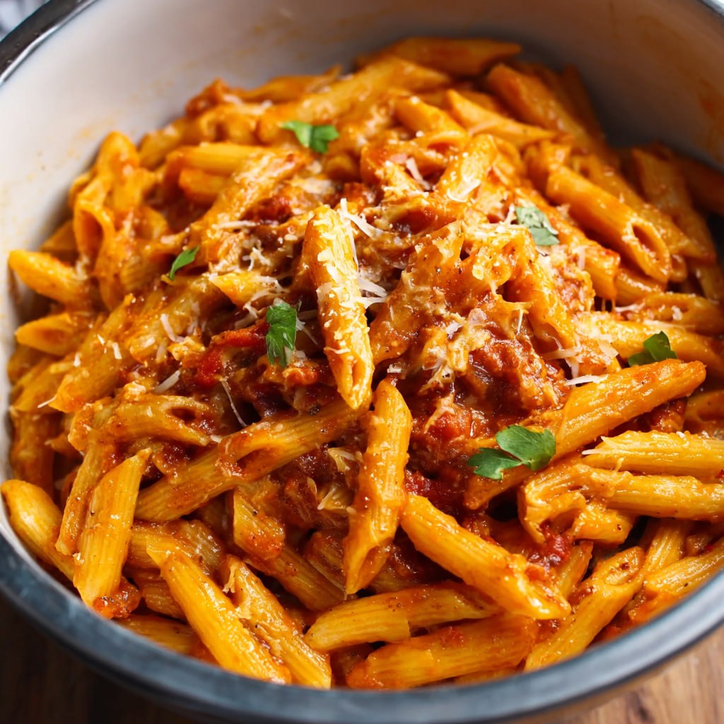 Creamy Instant Pot penne pasta in a white bowl ready to serve